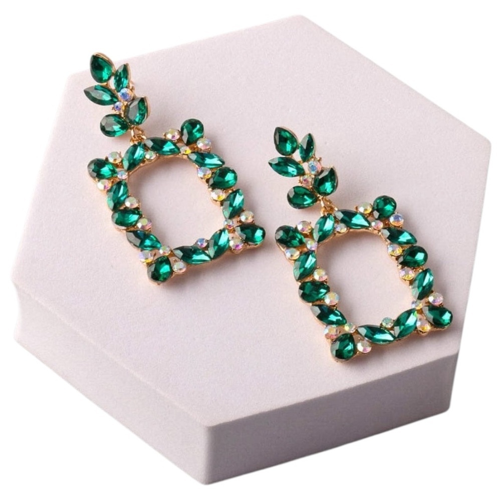 Prom Earrings Emerald and Gold Leaf Drop Earrings